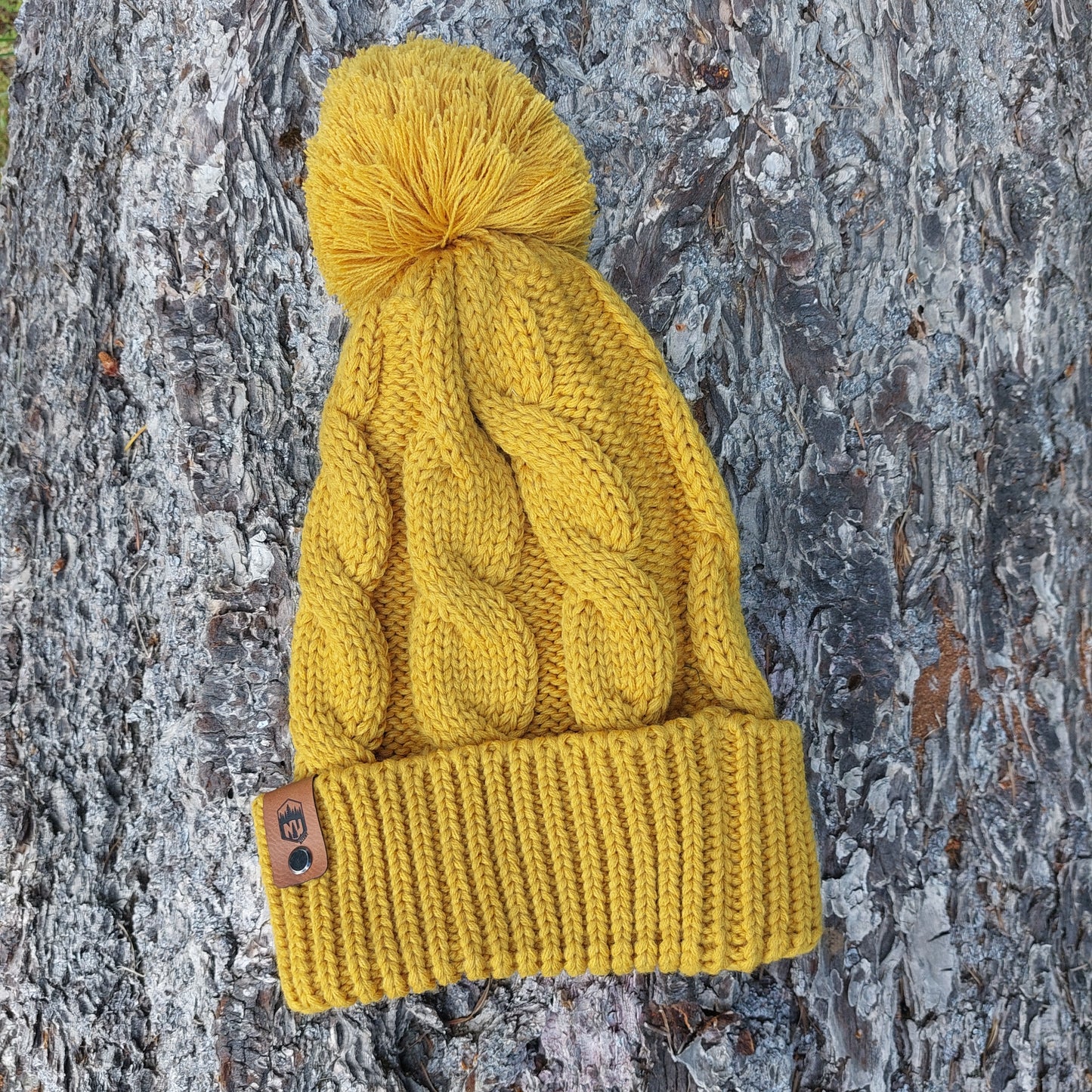 Pom Beanie - Mustard Chunky Cable Knit