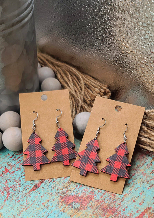 Earrings - Tree Red Plaid