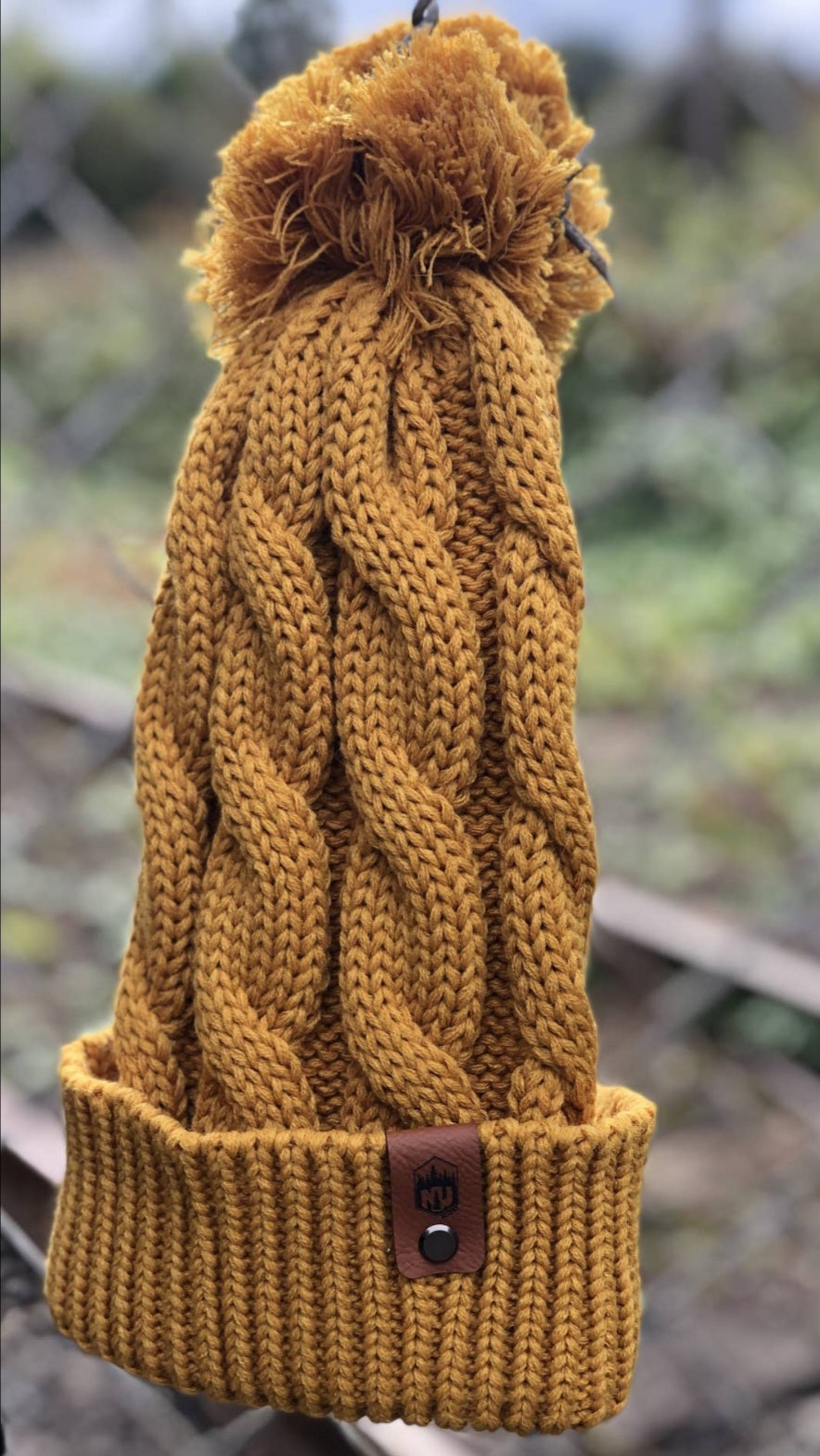 Pom Beanie - Mustard Chunky Cable Knit