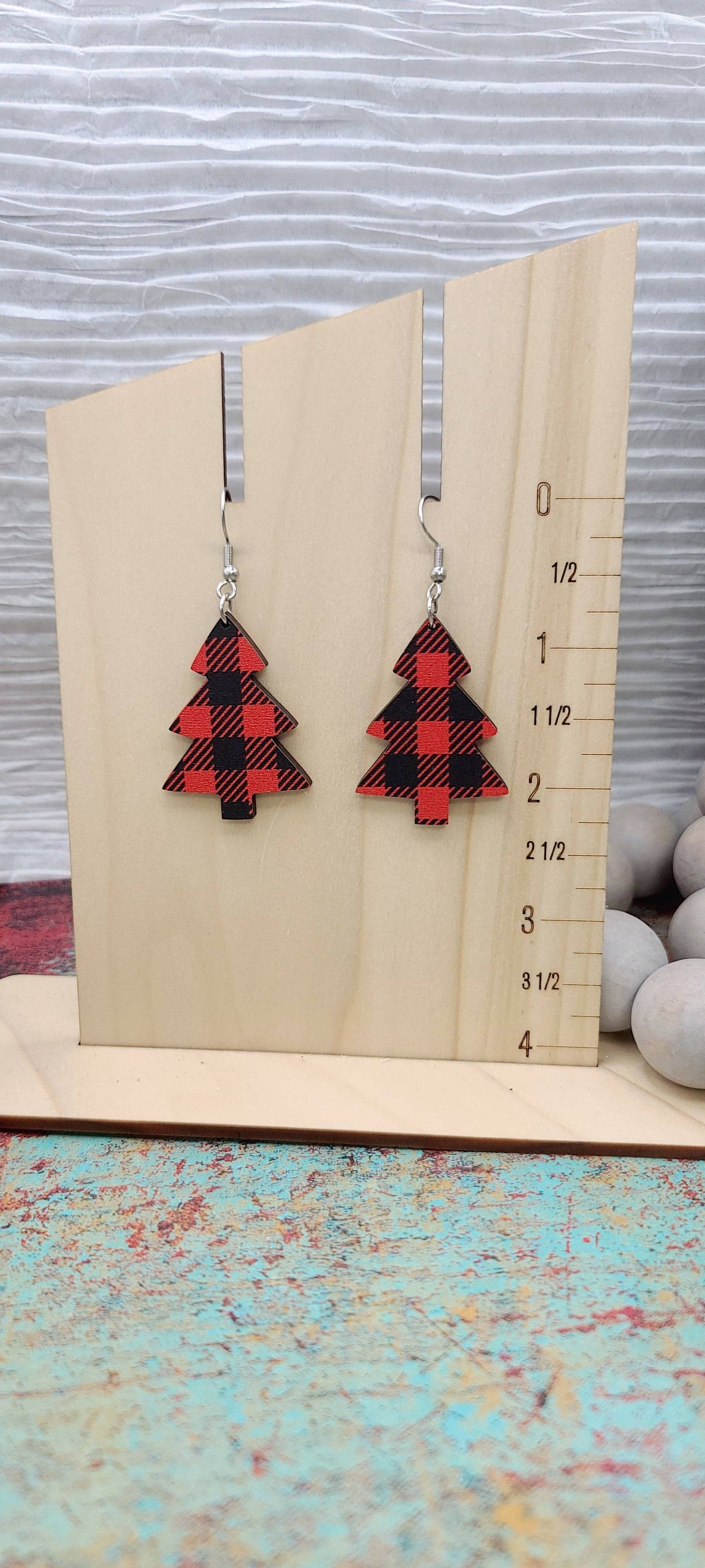 Earrings - Tree Red Plaid