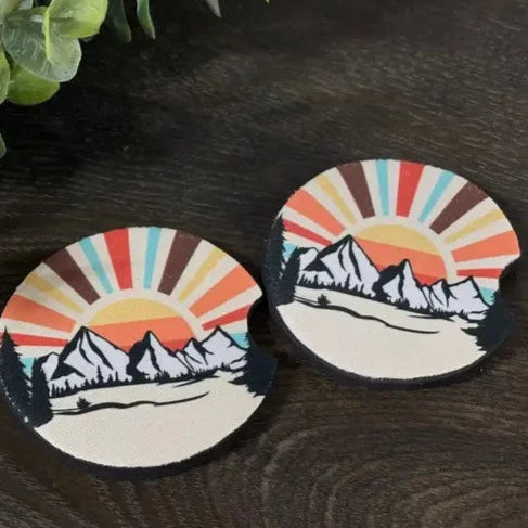 Car Coaster Set - Retro Mountain Sunset